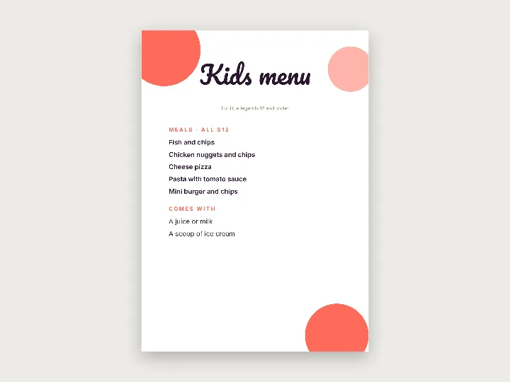 Menu template: kids