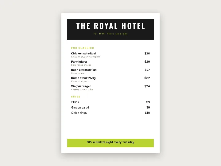 Menu template: pub classics