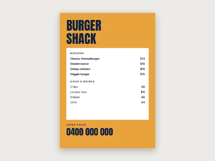 Menu template: takeaway with order number
