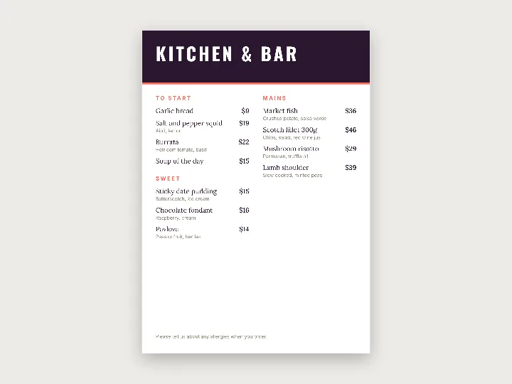 Restaurant menus template: two columns with a header band