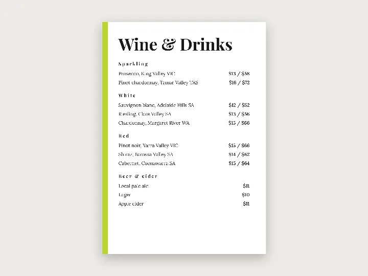 Menu template: wine and drinks list