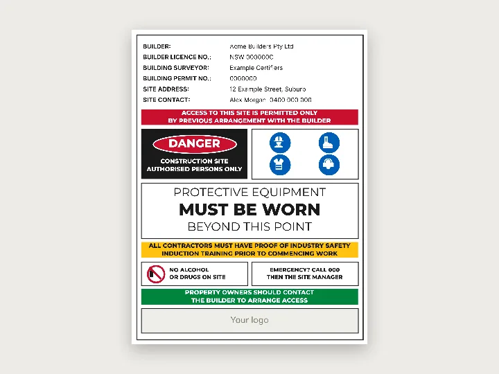 Site safety signs template: full builders board
