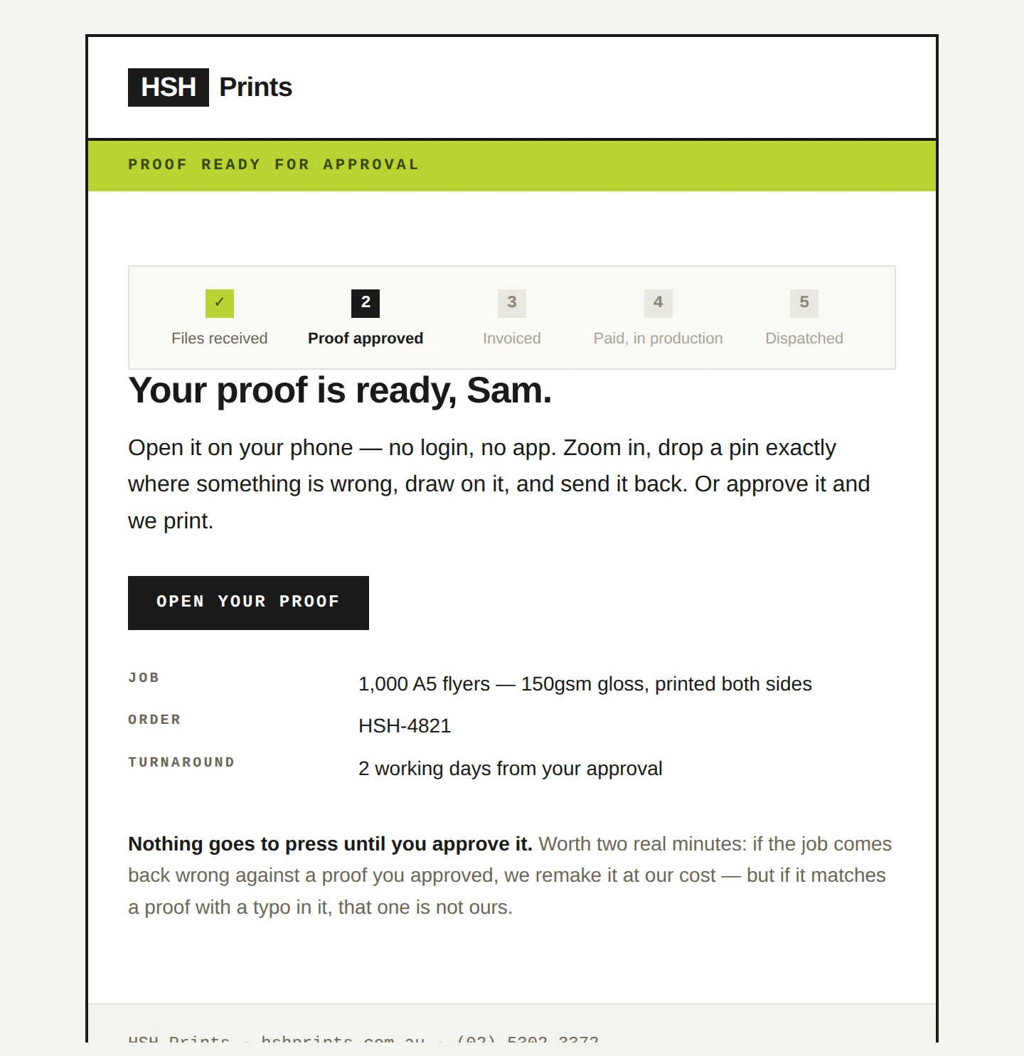 The proof-ready email: HSH Prints and Signages letterhead, a five-step progress bar, the heading Your proof is ready, an Open your proof button, and rows for job, order and turnaround.