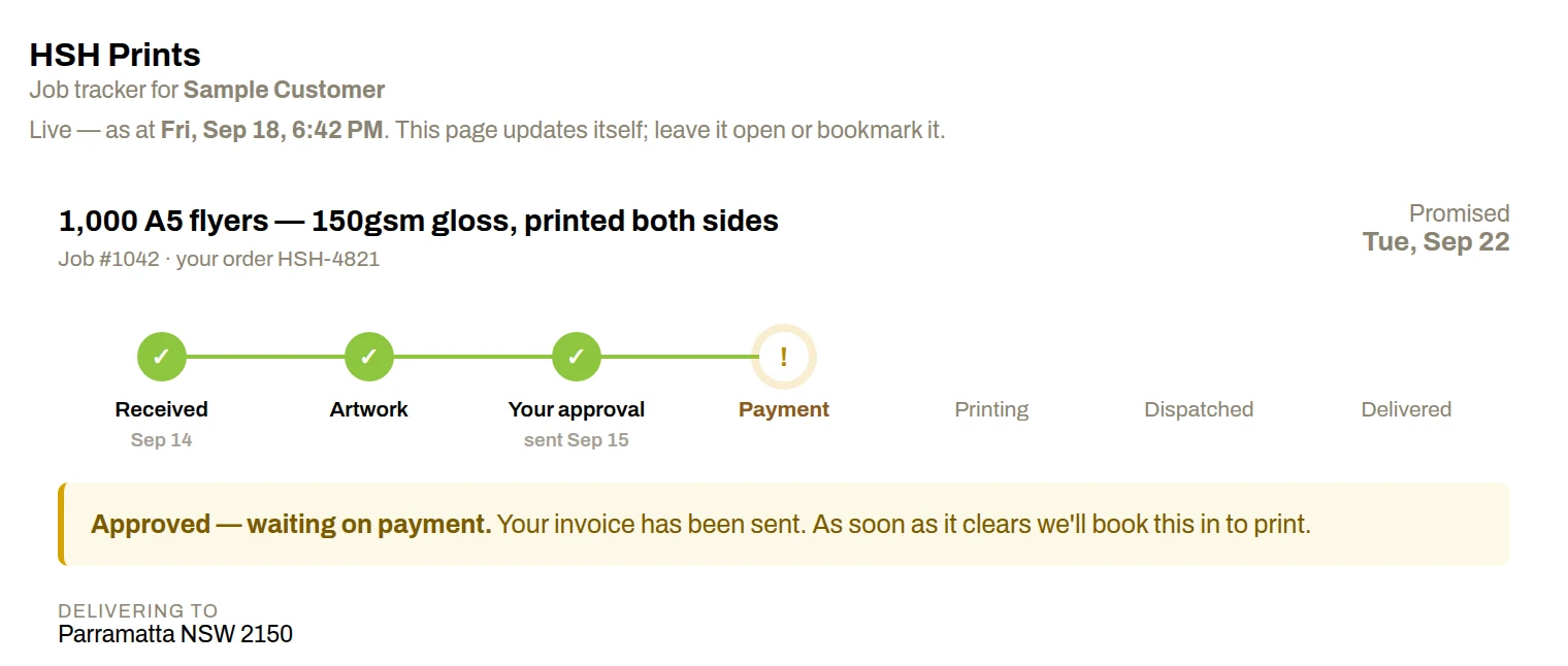 The same tracker with Your approval now ticked and Payment marked as waiting. A panel reads: Approved, waiting on payment. Your invoice has been sent.