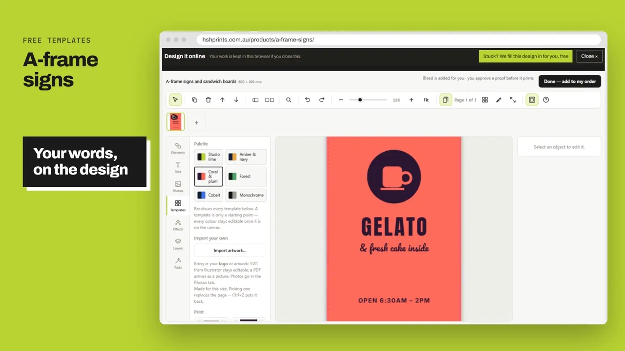 A-frame signs: a free design being edited online