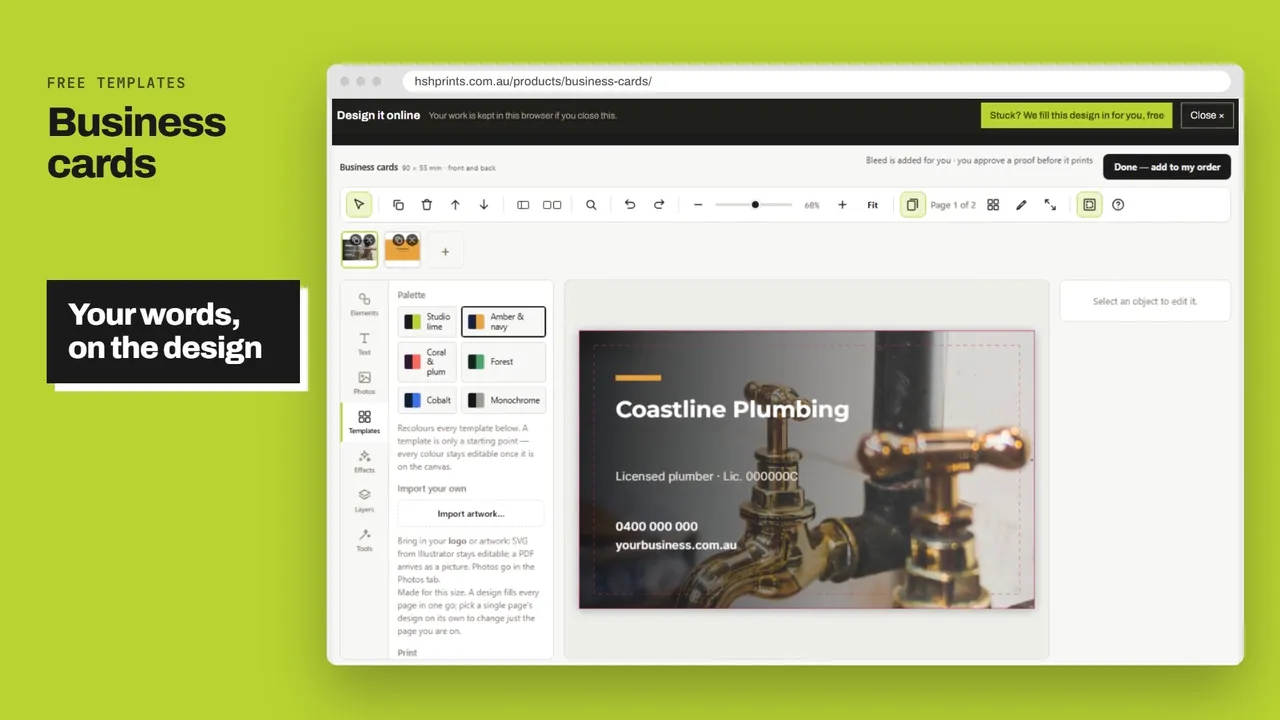 Business cards: a free design being edited online