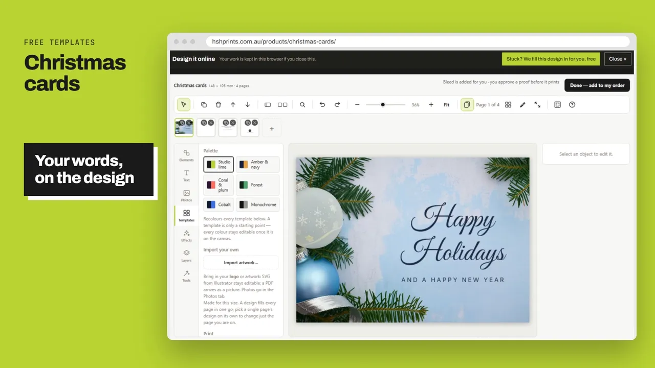 Christmas cards: a free design being edited online