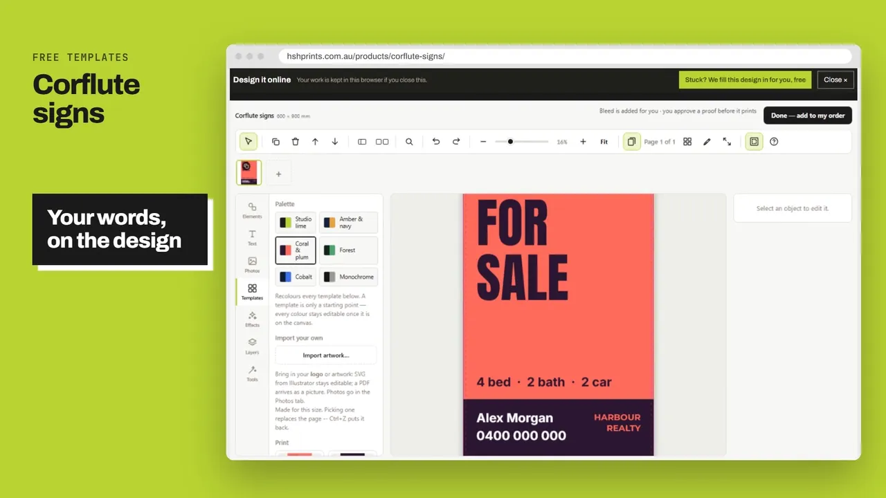 Corflute signs: a free design being edited online