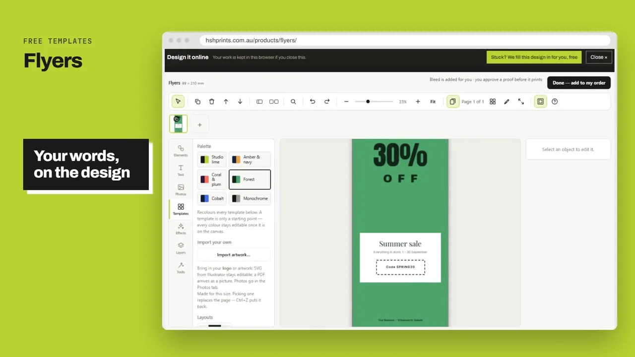 Flyers: a free design being edited online