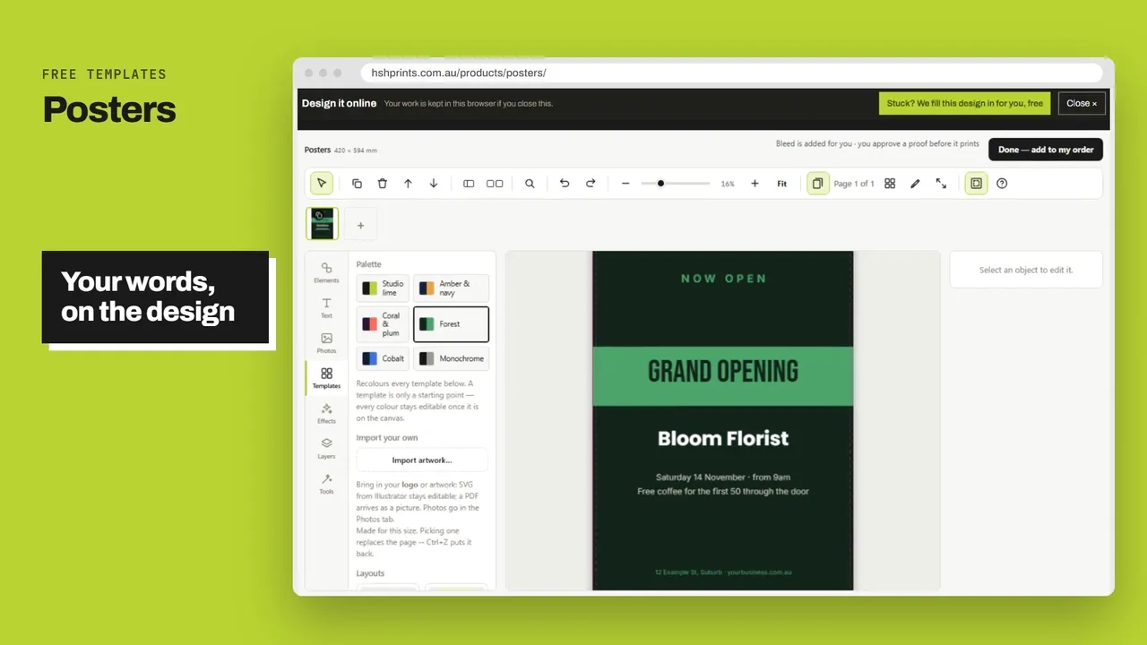 Posters: a free design being edited online