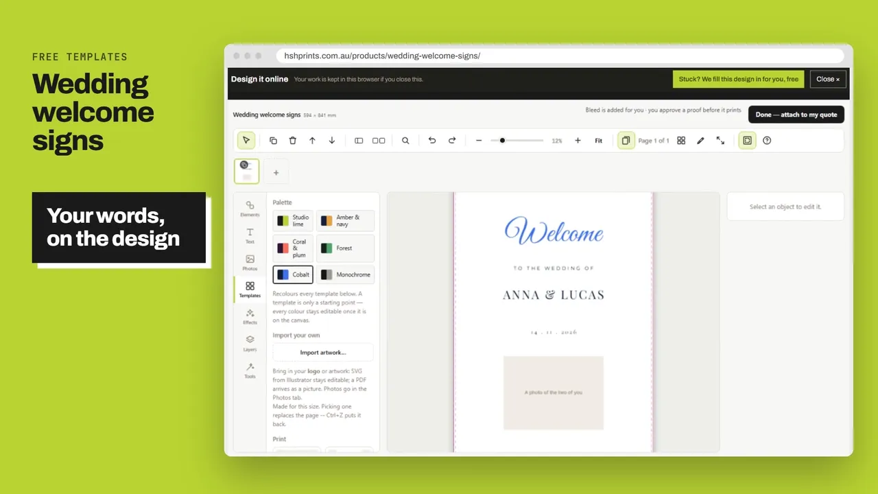 Wedding welcome signs: a free design being edited online